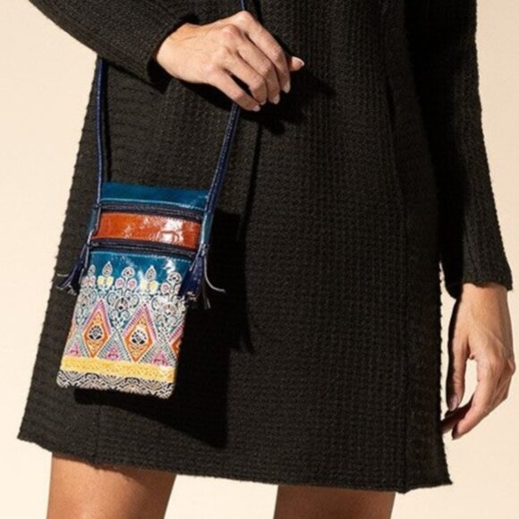 Cellphone Crossbody Bag Vibrant Artisan Hand-Painted & Embossed Genuine Leather - Picture 5 of 7